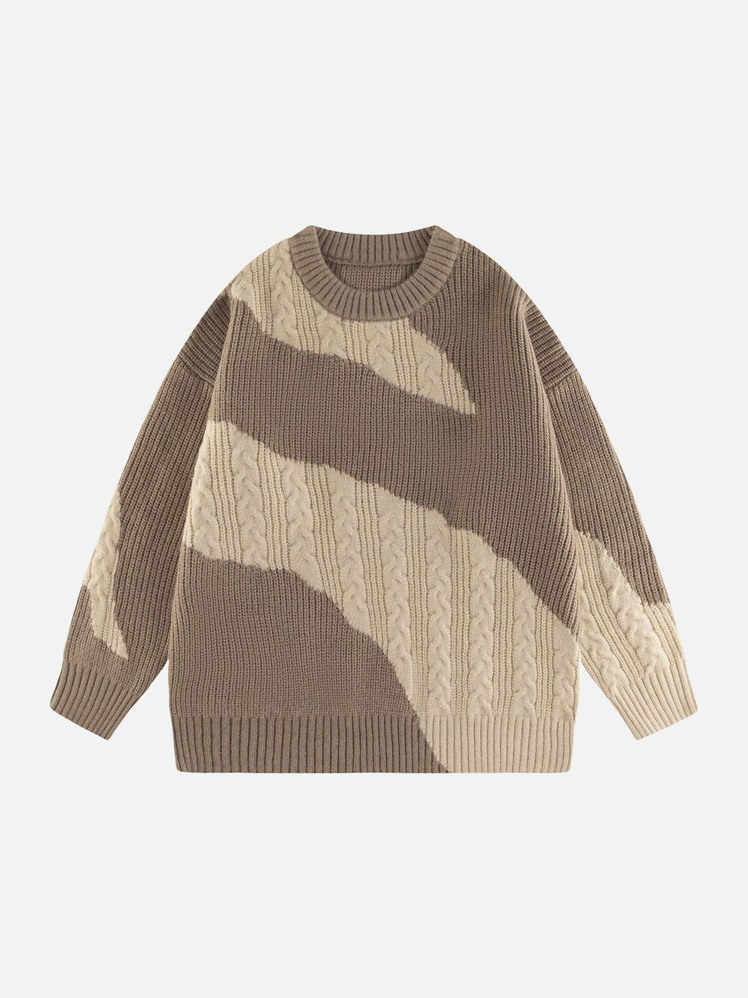 Front view of a TALISHKO knit sweater in apricot, featuring a unique contrast design.