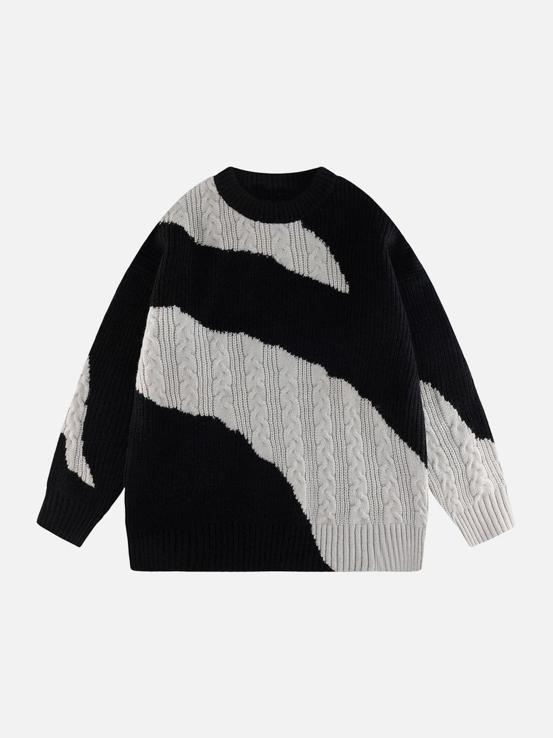 Front view of a black and white knit sweater by TALISHKO, featuring an abstract pattern.