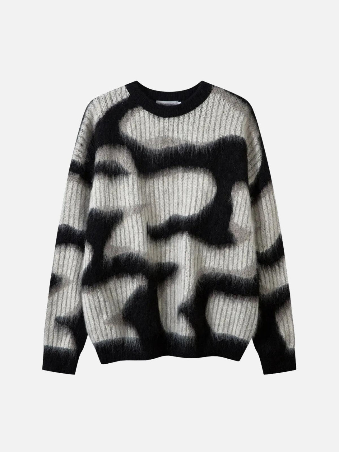 Front view of a black contrast mohair sweater by TALISHKO, showcasing bold abstract patterns.