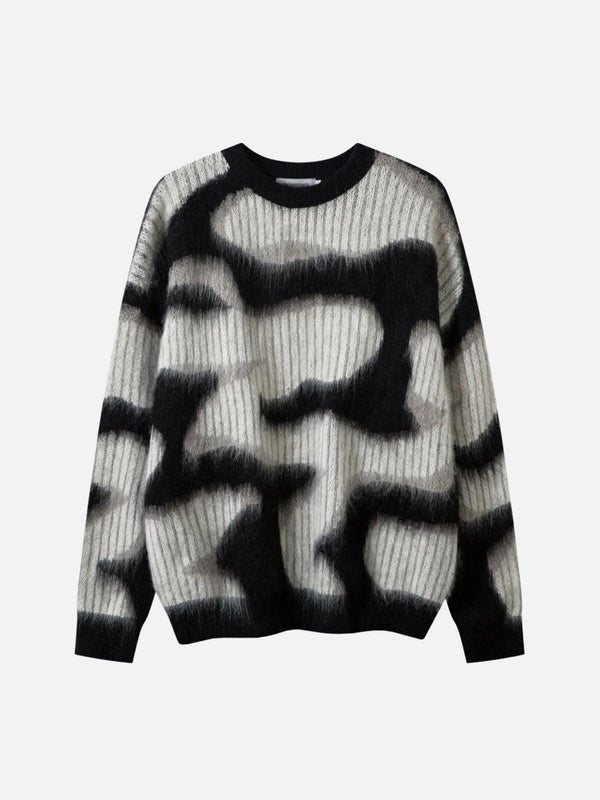 Front view of a black contrast mohair sweater by TALISHKO, showcasing bold abstract patterns.