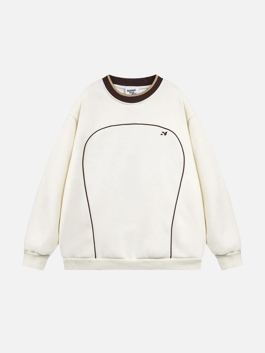 Front view of a beige TALISHKO sweatshirt featuring contrast paneled embroidery.