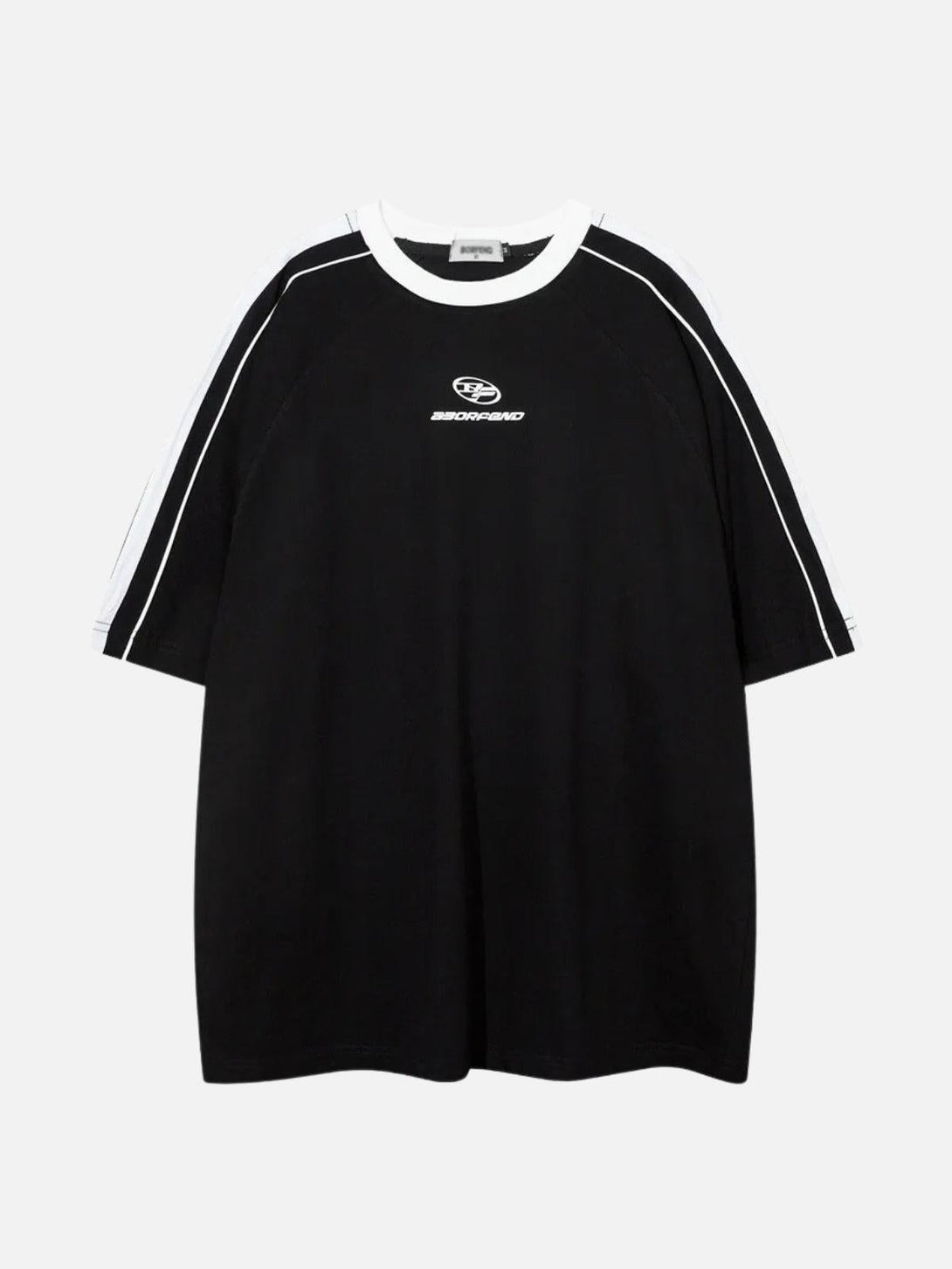 Front view of a black raglan sleeve tee with contrast panels by TALISHKO, great for casual looks.