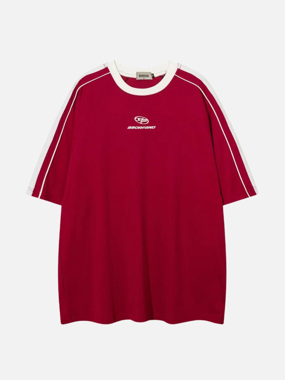 Front view of red raglan sleeve tee with contrast panels by TALISHKO, perfect for casual wear.