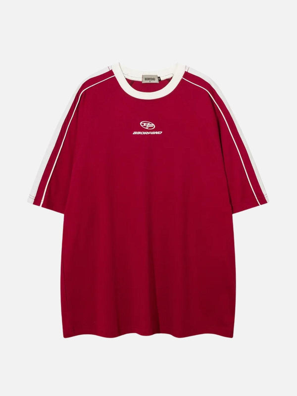 Front view of red raglan sleeve tee with contrast panels by TALISHKO, perfect for casual wear.