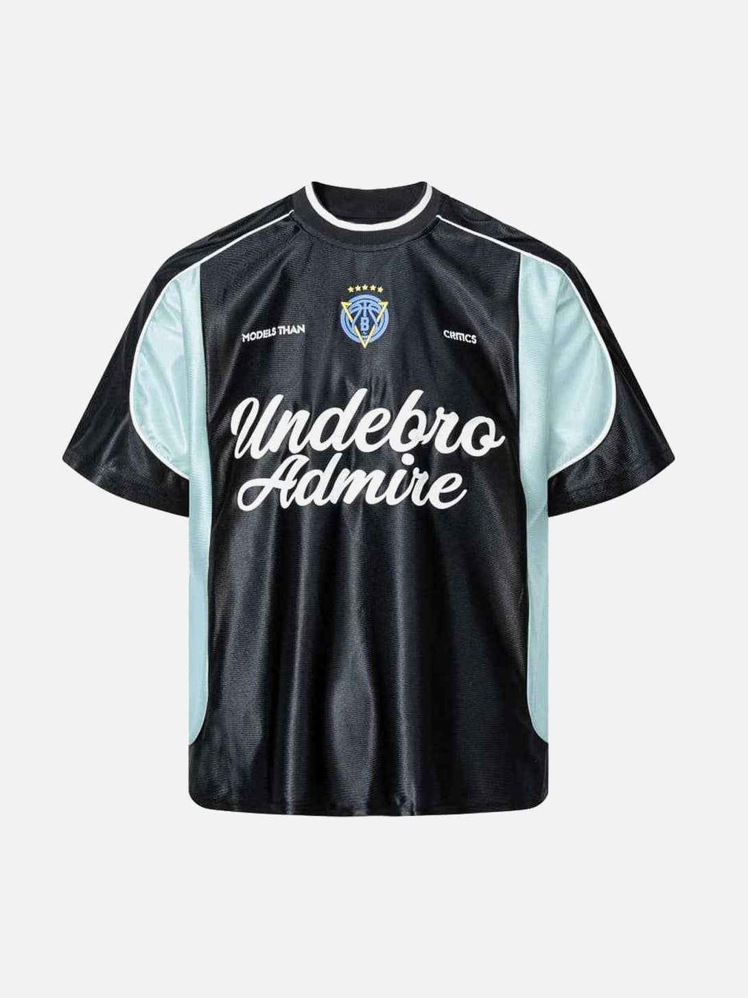 Front view of a black jersey T-shirt with bold lettering and light blue accents by TALISHKO.