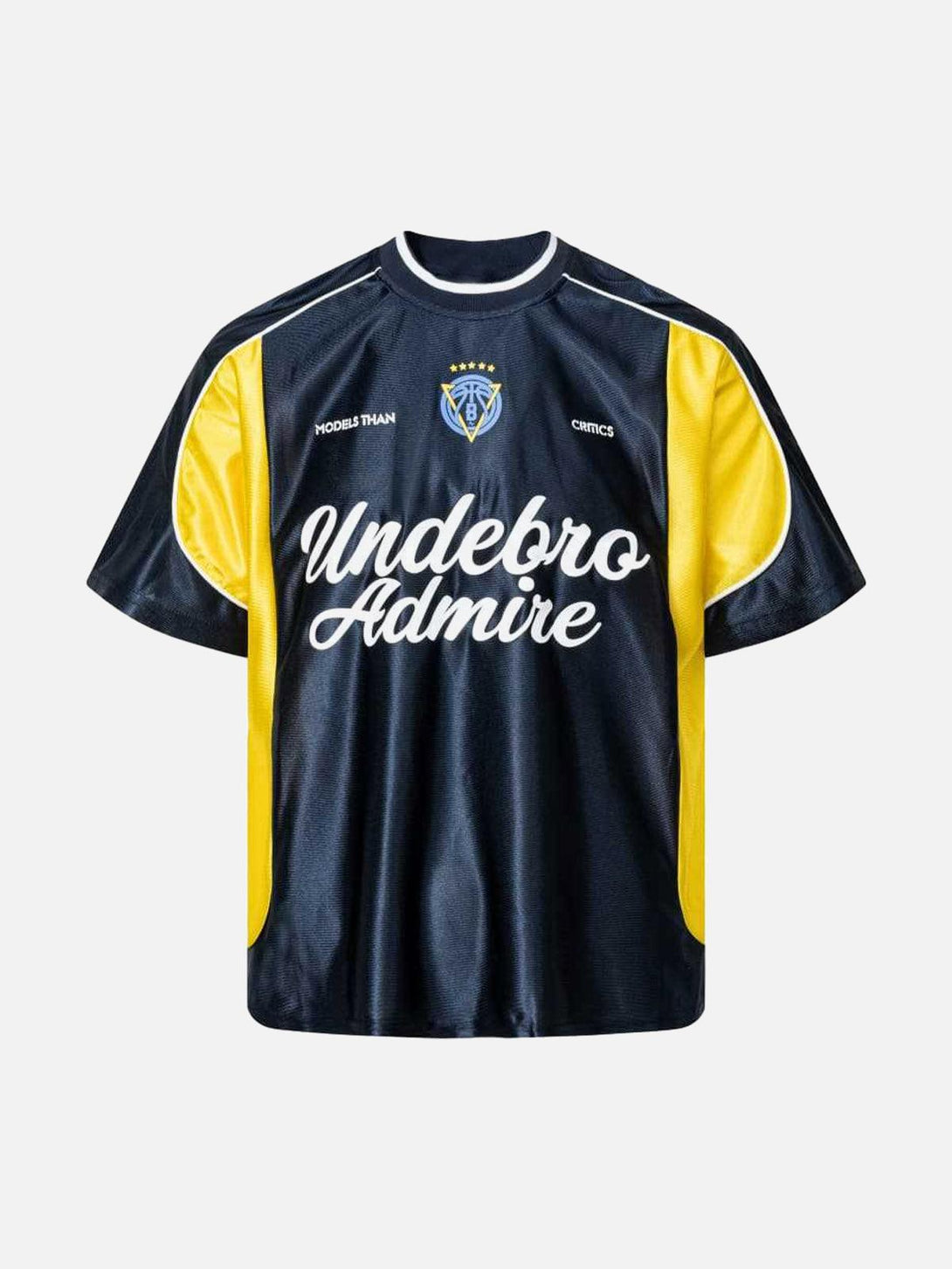 Front view of a navy jersey T-shirt with bold lettering and yellow accents by TALISHKO.