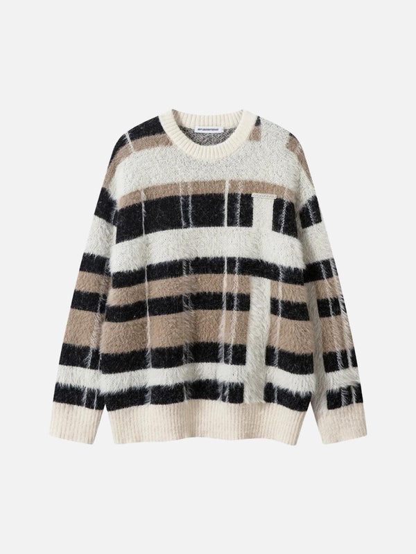 Front view of a contrast striped sweater by TALISHKO, featuring black and beige patterns.