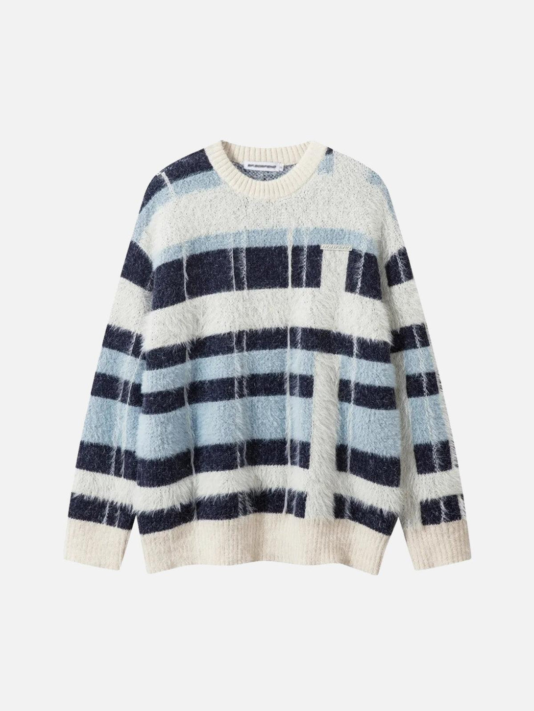Front view of a blue contrast striped sweater by TALISHKO, ideal for urban casual wear.