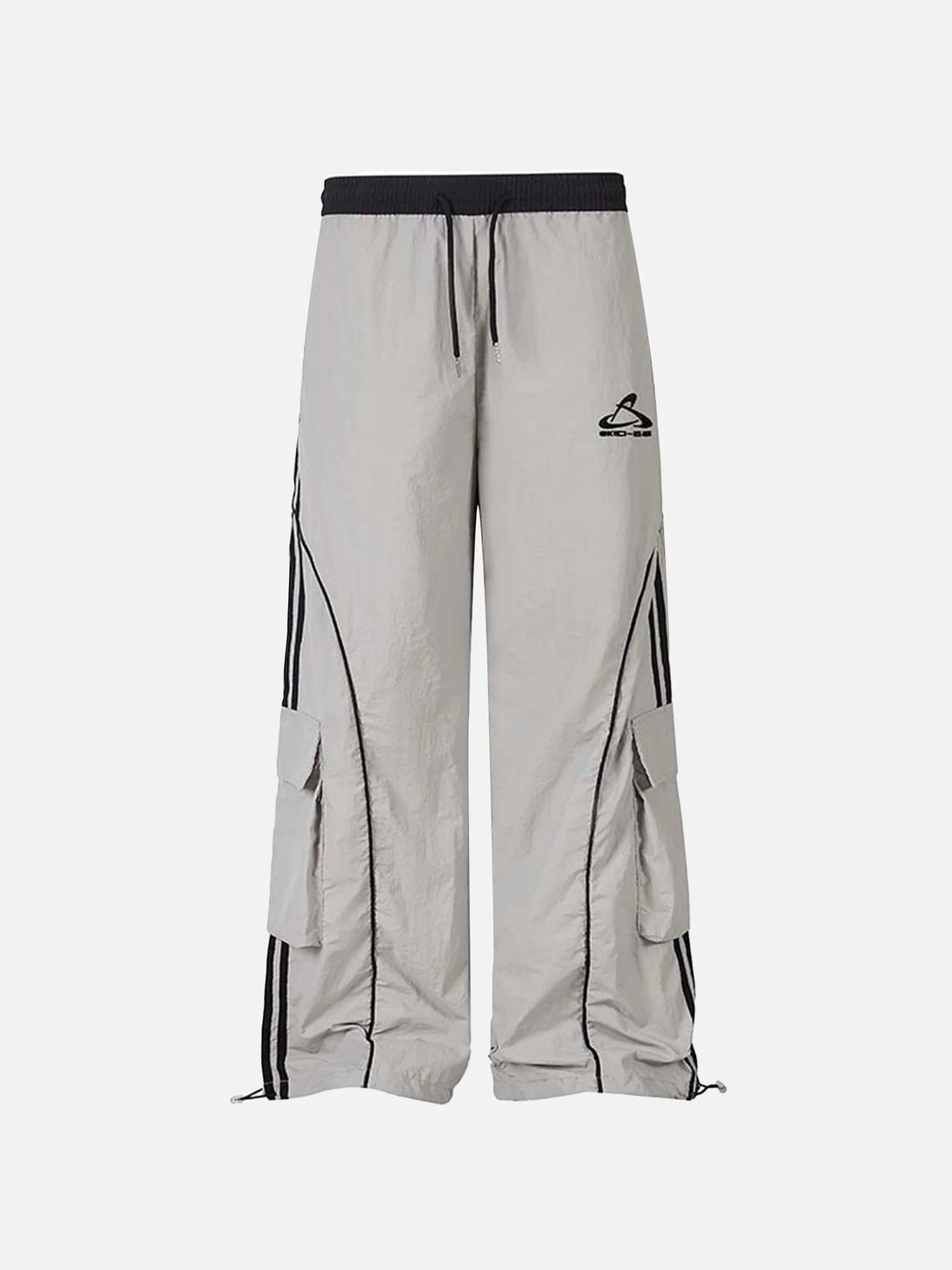 Gray sweatpants with contrast stripes and cargo pockets, front view by TALISHKO.