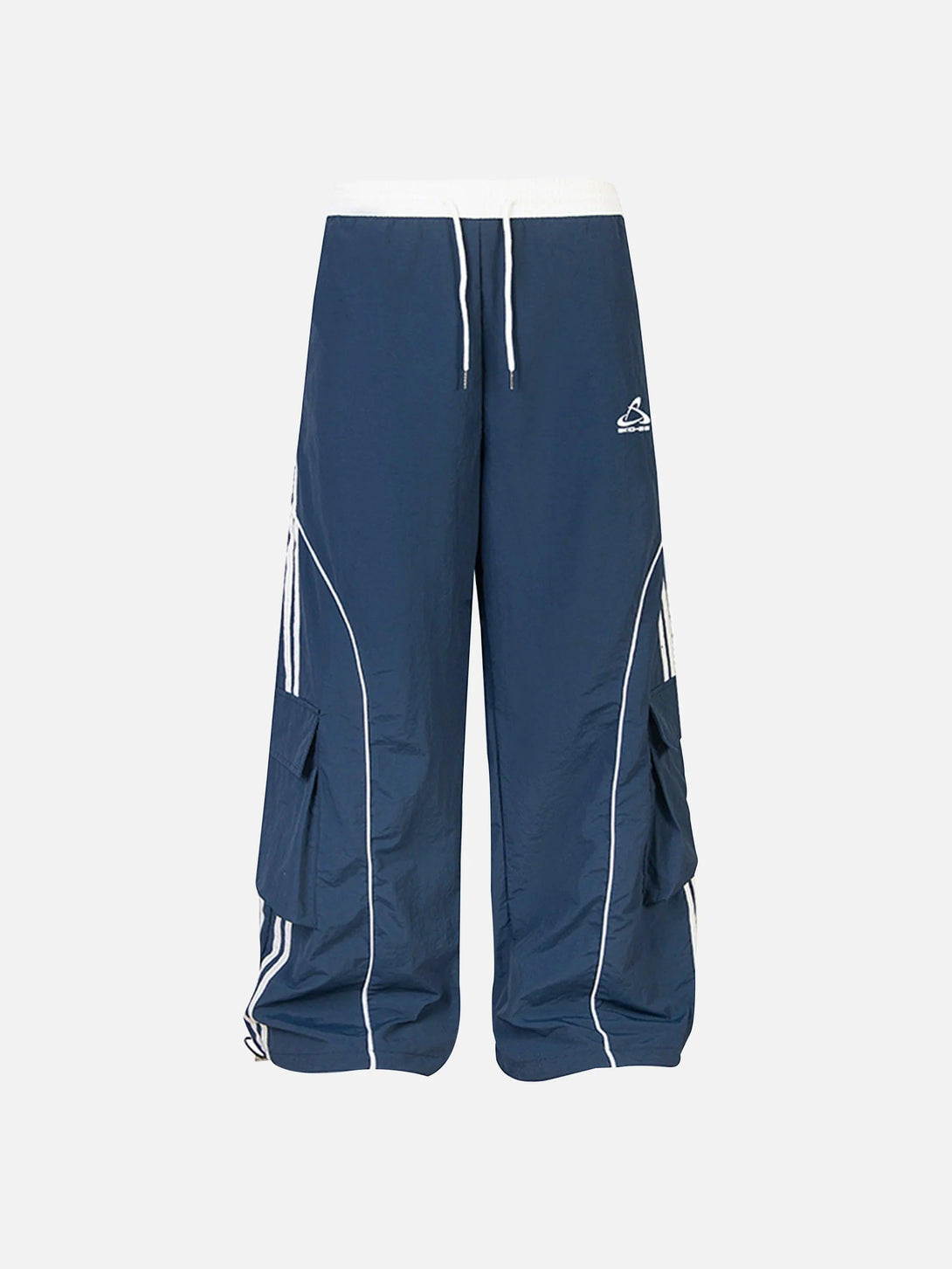 Navy sweatpants with contrast stripes and drawstring waist, front view by TALISHKO.