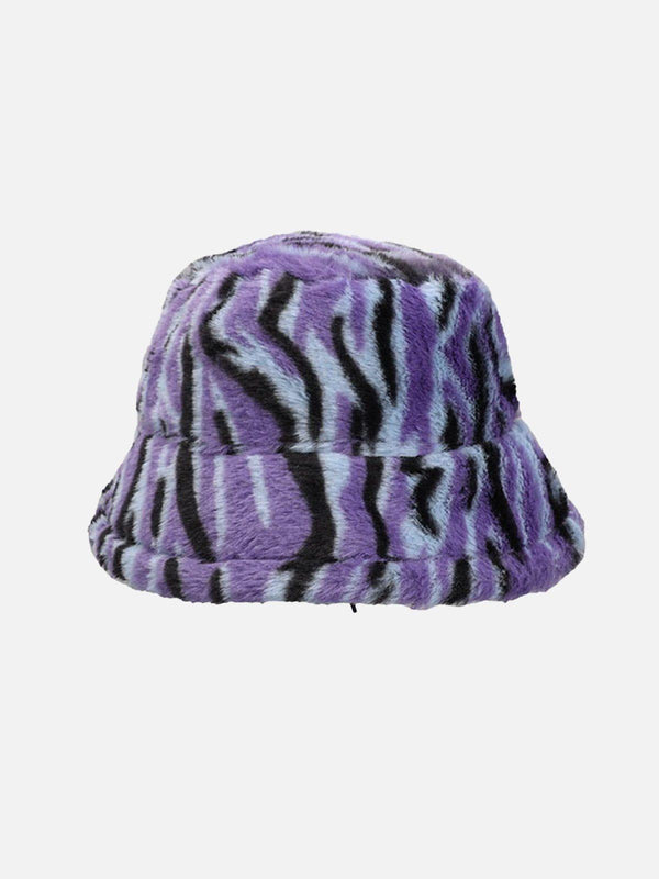 A plush purple bucket hat with contrast stripes by TALISHKO, front view highlighting texture.