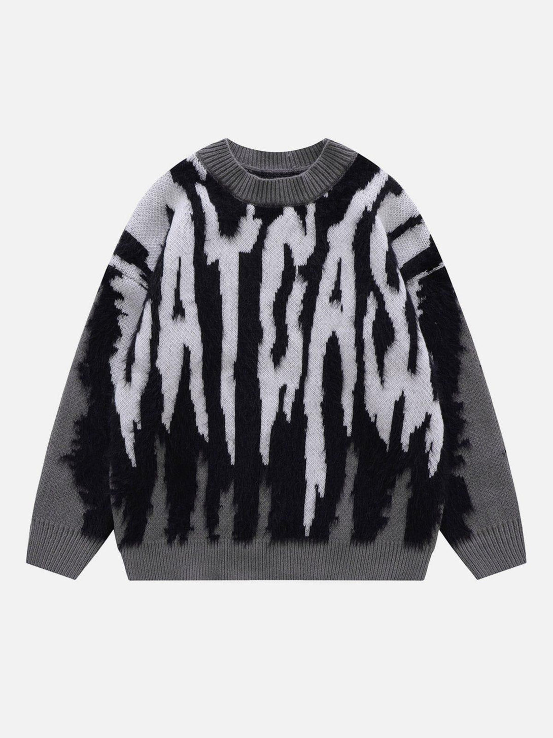 Front view of a dark gray TALISHKO sweater with a striking zebra plush print design.