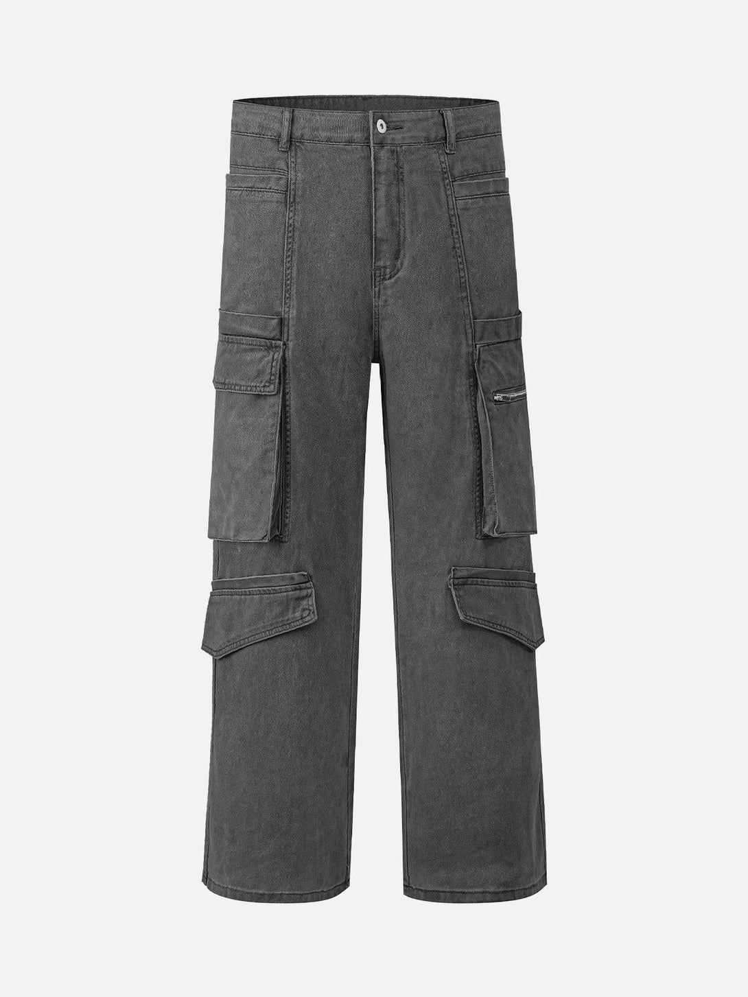 Front view of dark gray cotton cargo pants by TALISHKO, featuring multiple pockets and a relaxed fit.