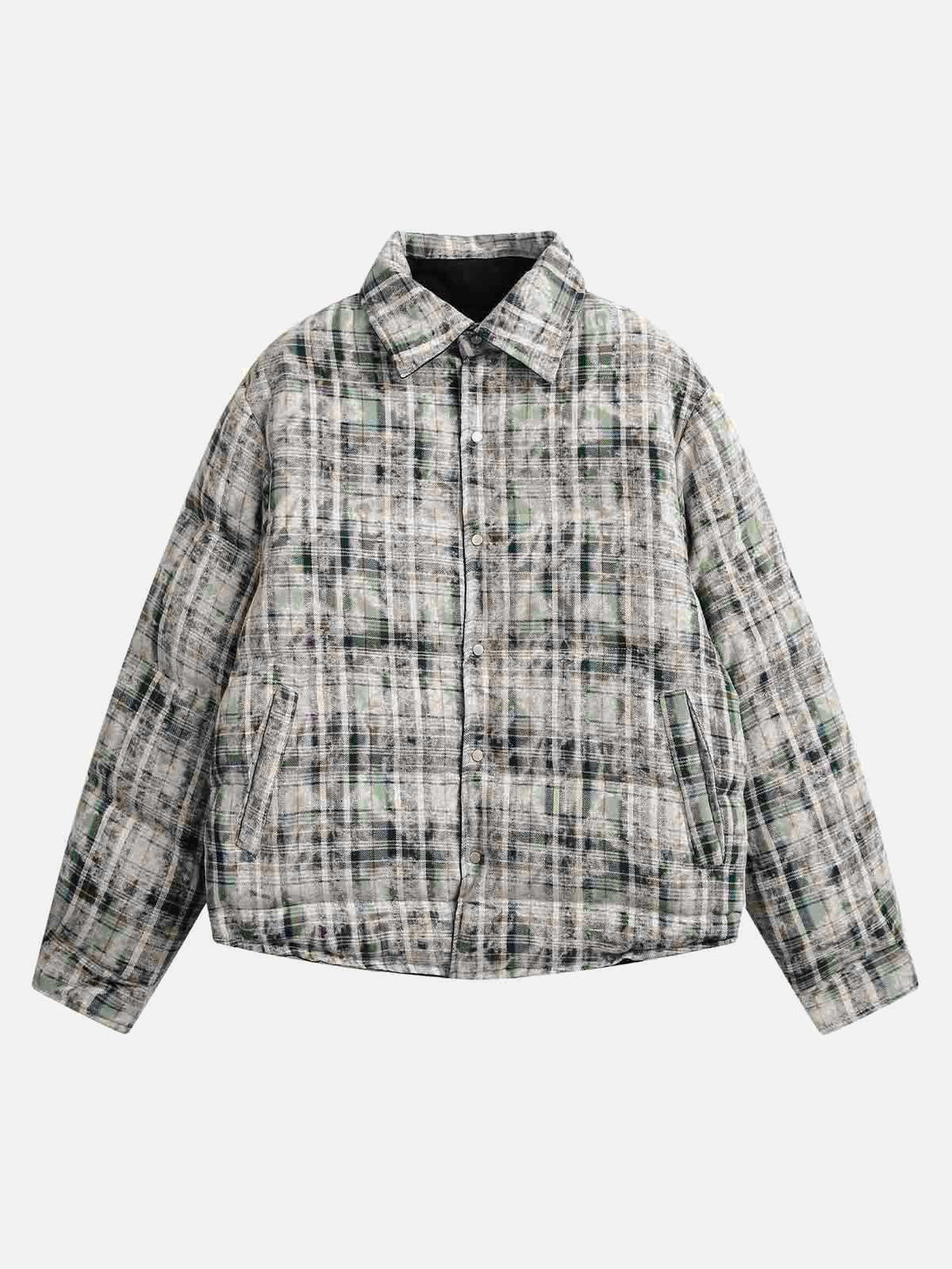 Front view of a gray cotton reversible jacket by TALISHKO, featuring a modern plaid pattern.