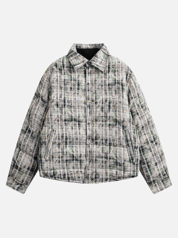 Front view of a gray cotton reversible jacket by TALISHKO, featuring a modern plaid pattern.