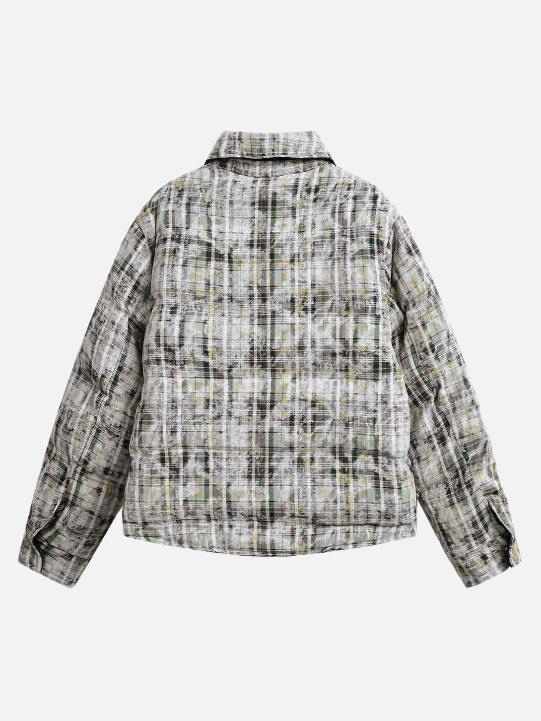 Back view of a gray cotton reversible jacket by TALISHKO, featuring a plaid pattern.