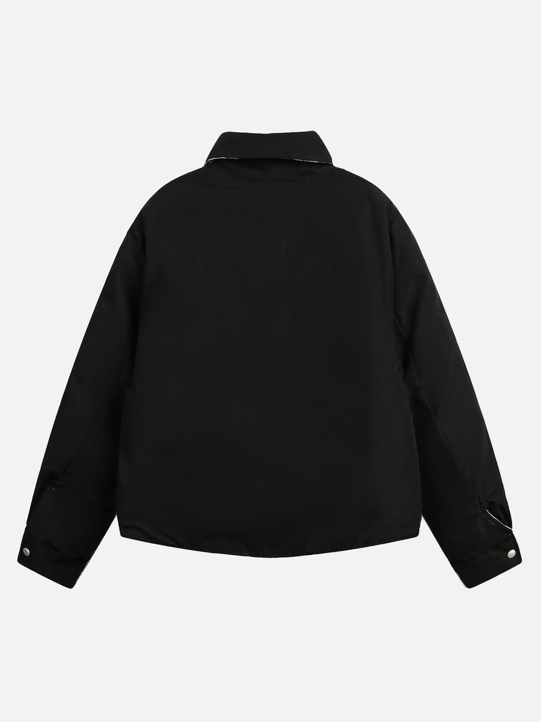 Back view of a black cotton reversible jacket by TALISHKO with a minimalist design.
