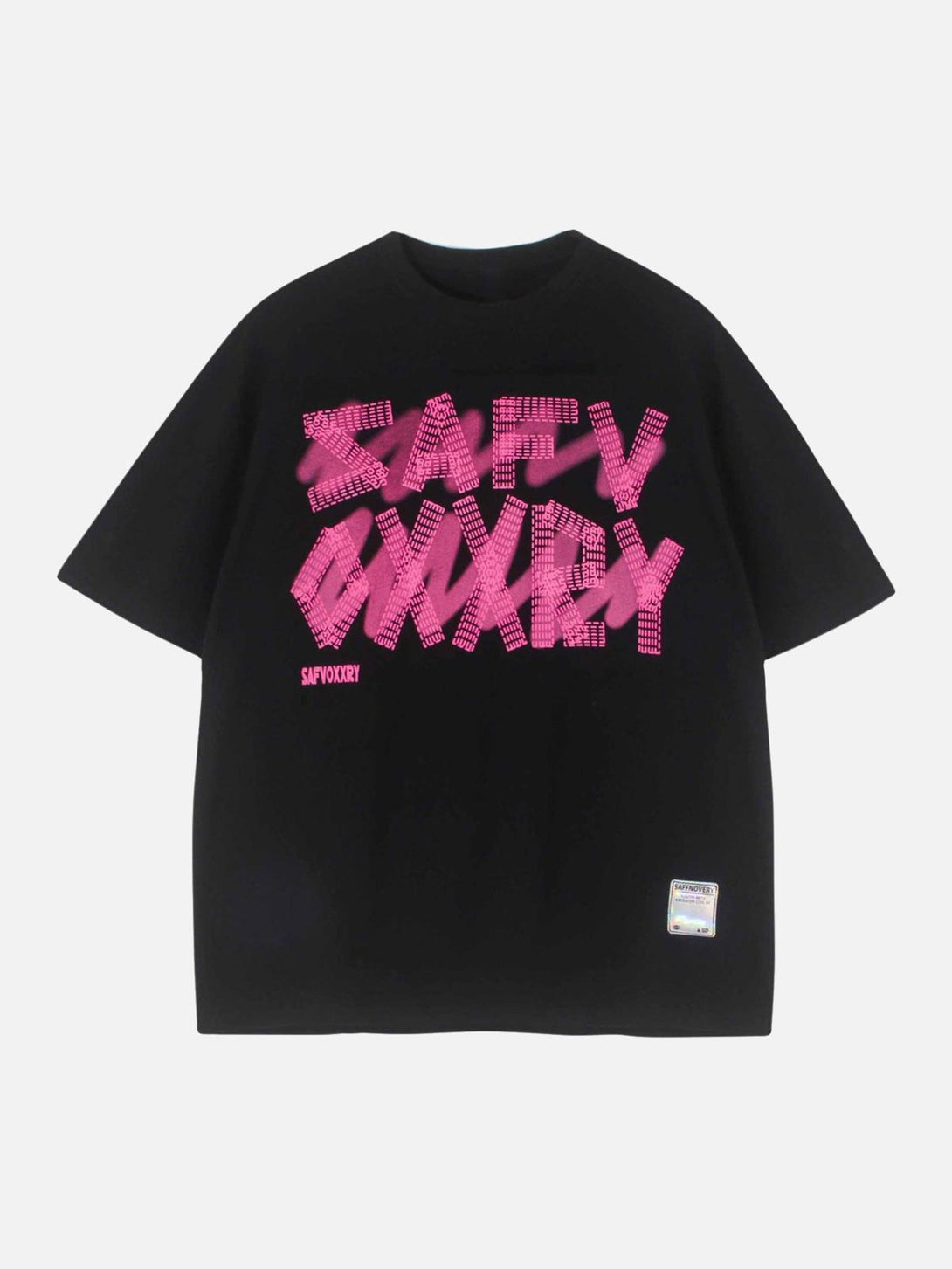 Black Creative Alphabet T-Shirt by TALISHKO, front view featuring bold pink graphic design.