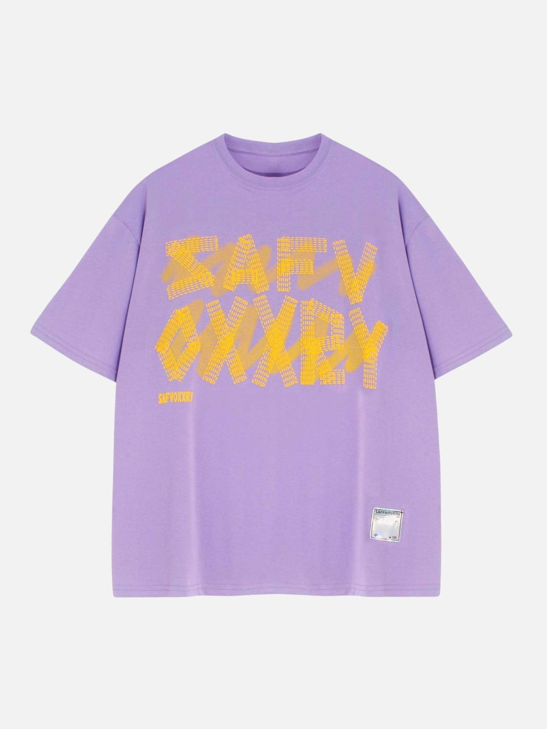 Purple Creative Alphabet T-Shirt by TALISHKO, front view showcasing vibrant yellow graphics.