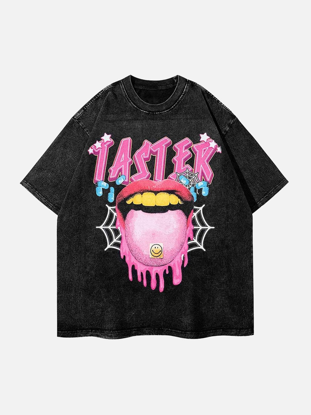 Front view of a black T-shirt by TALISHKO, featuring a vibrant pink tongue graphic for a playful look.