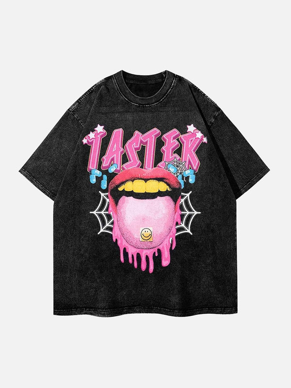 Front view of a black T-shirt by TALISHKO, featuring a vibrant pink tongue graphic for a playful look.