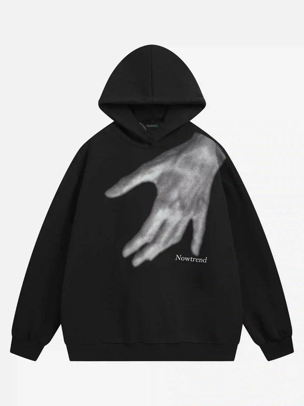 Black hoodie featuring a creative handshake print by TALISHKO, perfect for urban style.