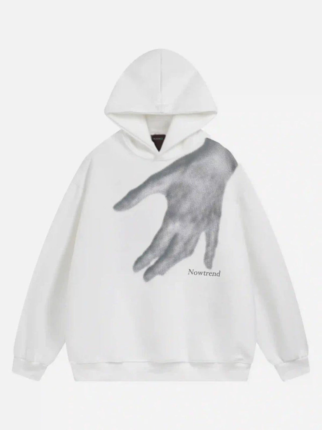 Front view of white Creative Handshake Print Hoodie by TALISHKO, ideal for urban vibes.