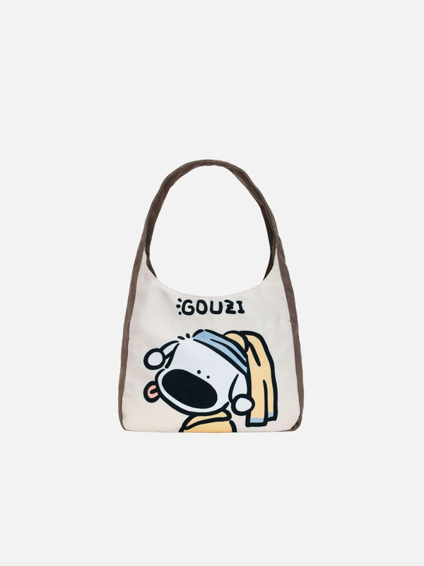 Front view of an apricot canvas bag with a playful puppy pattern by TALISHKO, ideal for casual outings.