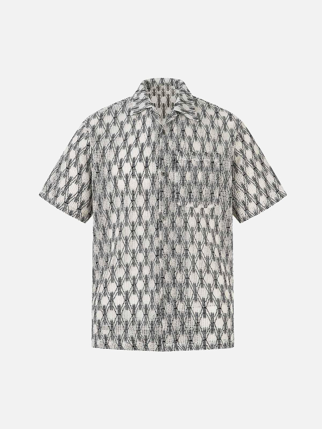 Front view of TALISHKO crochet hollow button-up shirt in apricot with intricate pattern.