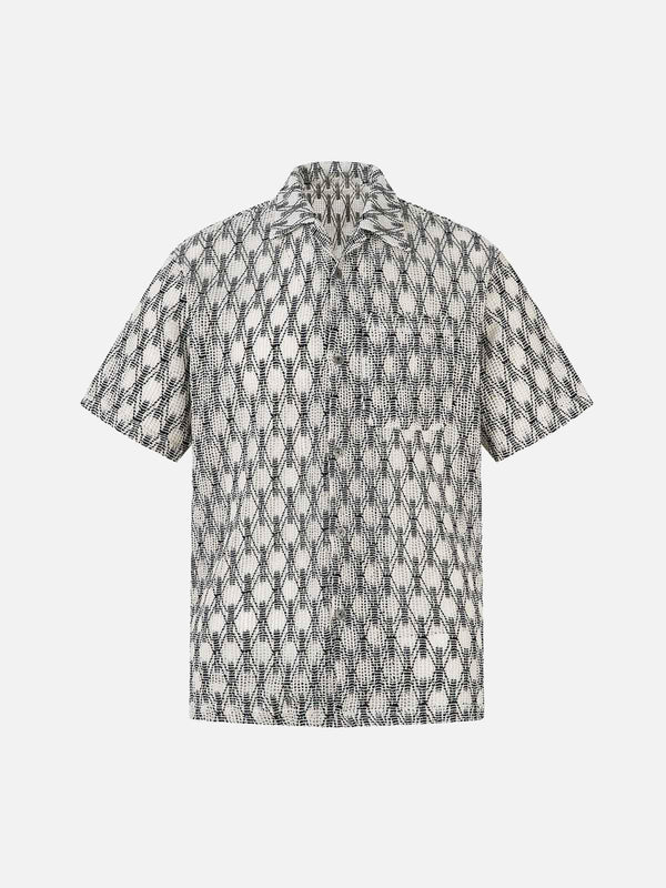 Front view of TALISHKO crochet hollow button-up shirt in apricot with intricate pattern.