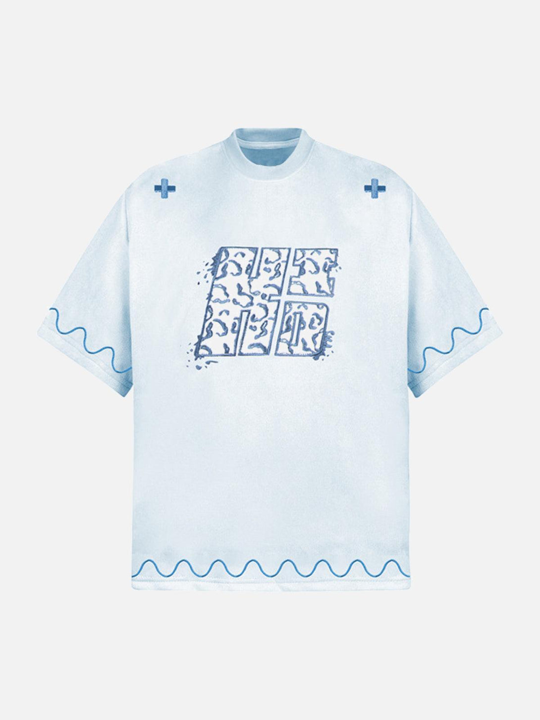 Front view of blue TALISHKO T-shirt with cross and wave print, ideal for summer style.