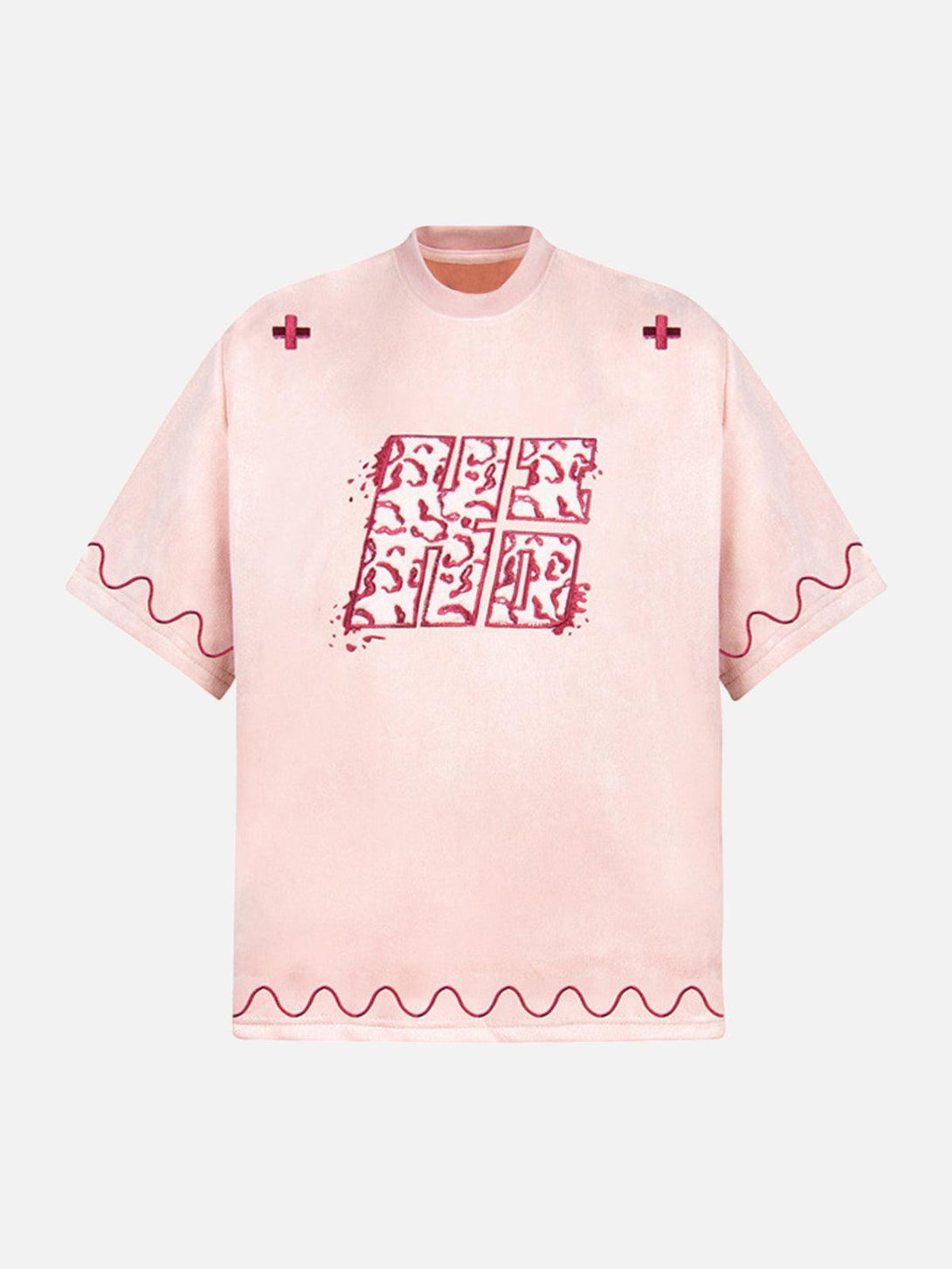 Front view of pink TALISHKO T-shirt with cross and wave print, perfect for casual wear.