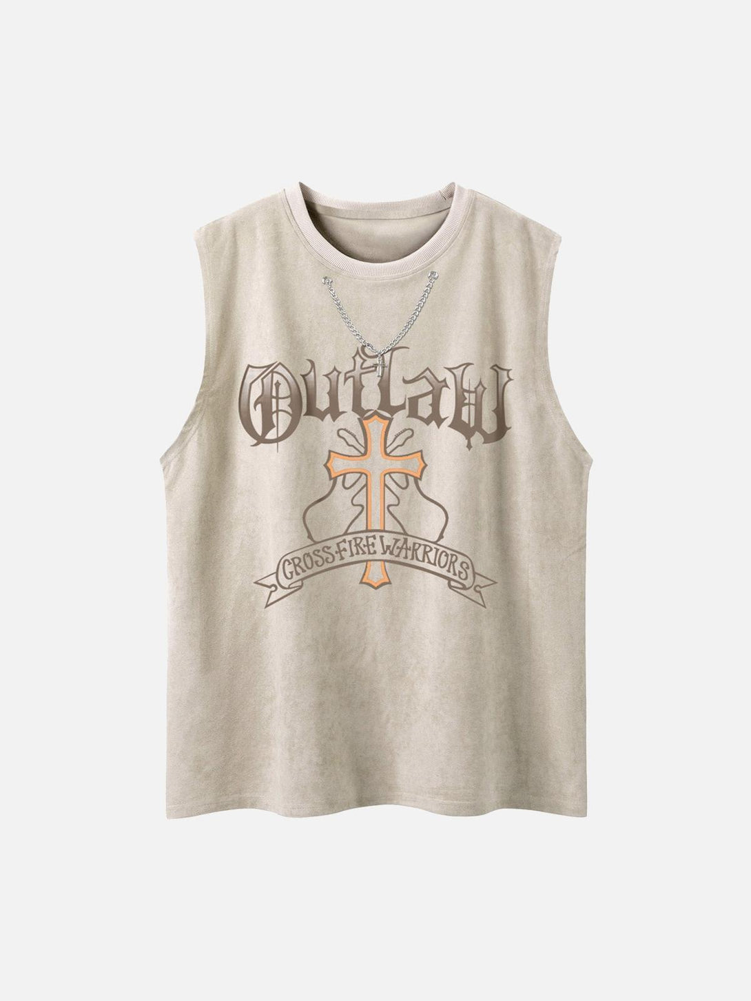 Front view of beige suede sleeveless vest by TALISHKO, featuring bold graphics and chain detail.