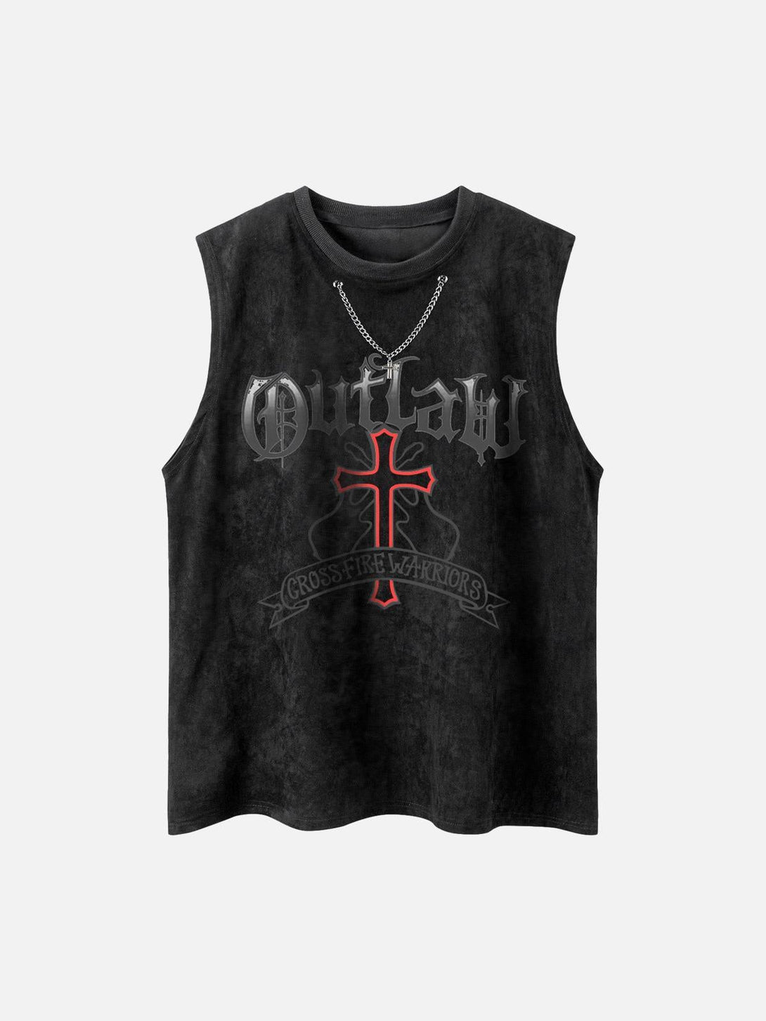Front view of black suede sleeveless vest by TALISHKO, featuring edgy graphics and chain detail.