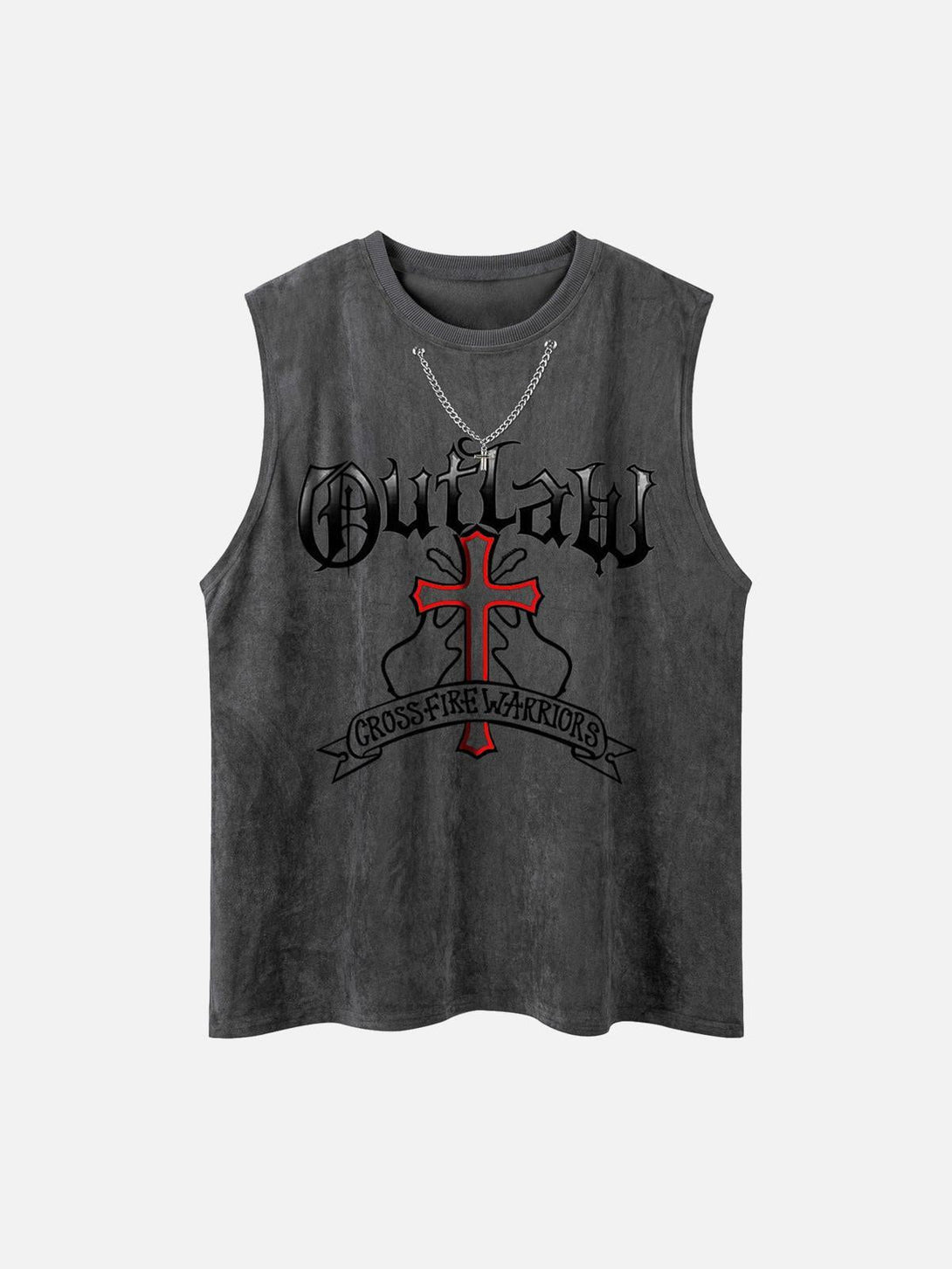 Dark gray sleeveless vest by TALISHKO, featuring bold graphics and chain detail on the front.