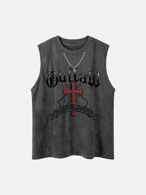 Dark gray sleeveless vest by TALISHKO, featuring bold graphics and chain detail on the front.