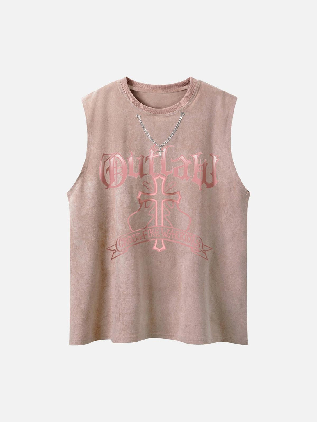 Front view of pink suede sleeveless vest by TALISHKO, featuring bold graphics and chain detail.