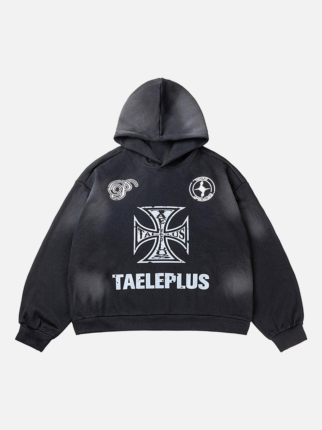 Black hoodie by TALISHKO with cross graphics, front view showcases bold street-inspired design.