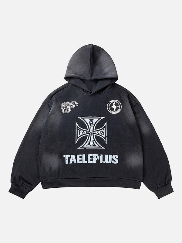 Black hoodie by TALISHKO with cross graphics, front view showcases bold street-inspired design.