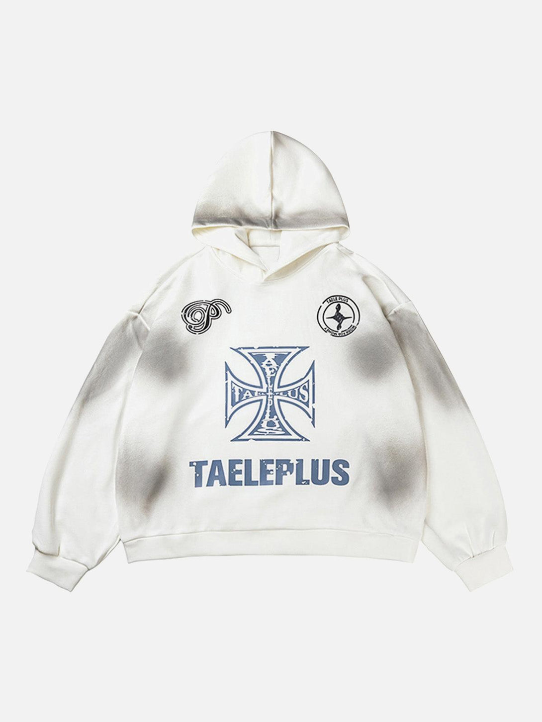 White hoodie by TALISHKO featuring bold cross graphics, front view in urban style.