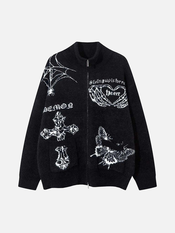 Front view of a black jacquard cardigan by TALISHKO, featuring cross and butterfly designs.