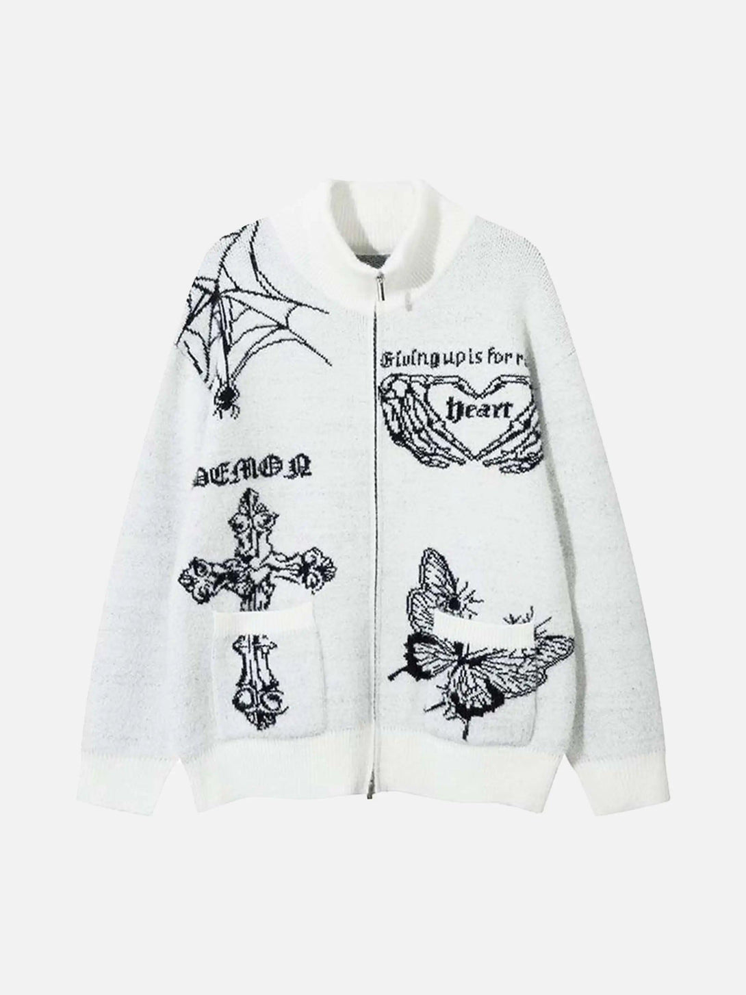 Front view of a white jacquard cardigan by TALISHKO with cross and butterfly motifs.