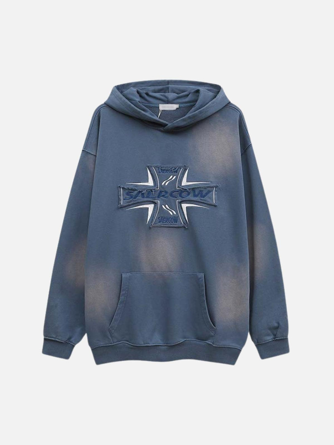 Front view of a blue washed hoodie with cross lettering by TALISHKO, perfect for casual style.