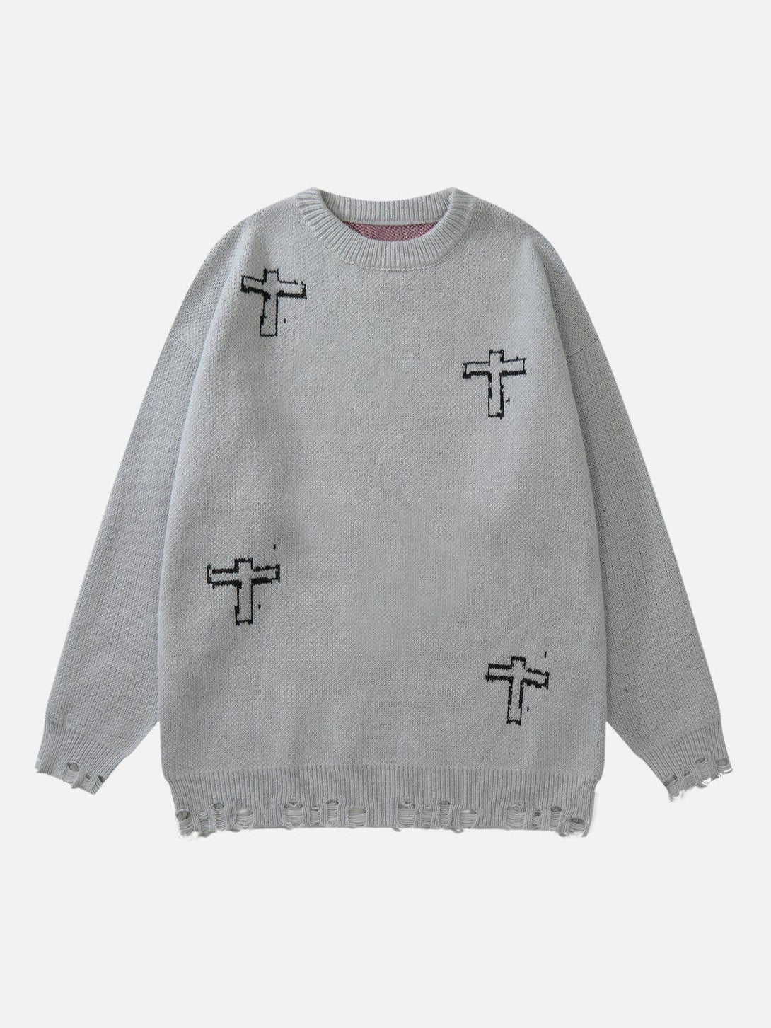 Gray graphic sweater with cross designs by TALISHKO, featuring a distressed hem in front view.