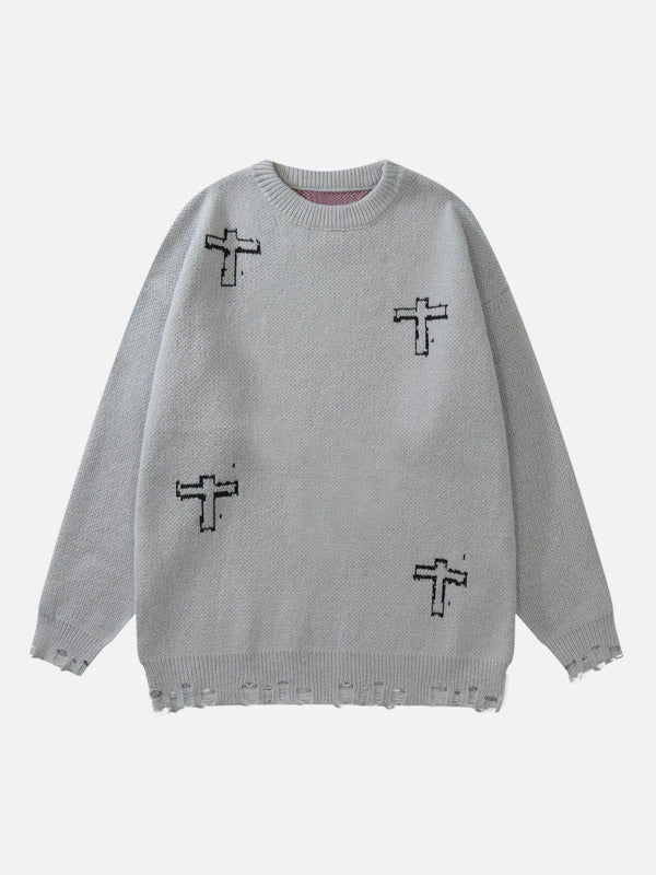Gray graphic sweater with cross designs by TALISHKO, featuring a distressed hem in front view.