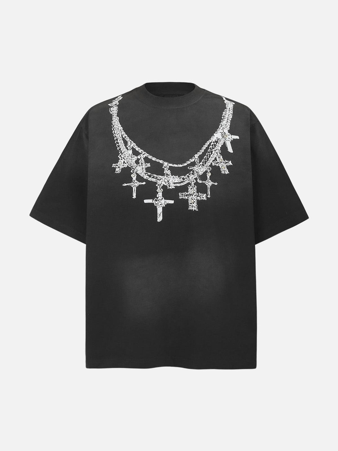 Front view of a black graphic T-shirt with cross necklaces, designed by TALISHKO.