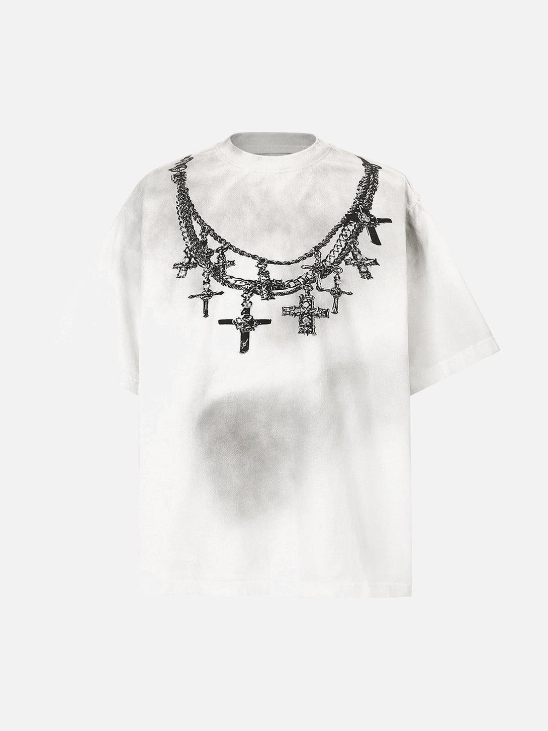 Front view of a white graphic T-shirt featuring cross necklaces, by TALISHKO.