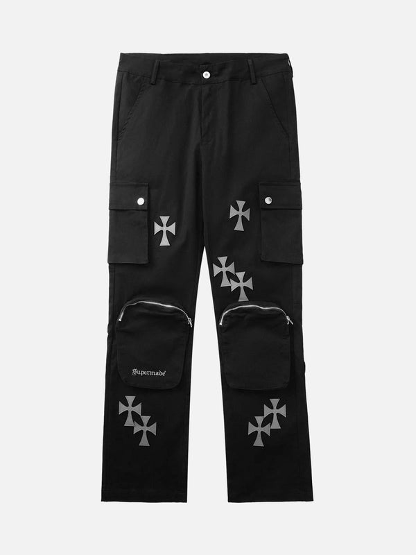TALISHKO black casual pants with cross prints and multiple pockets, front view for urban style.