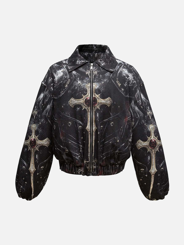 Front view of a black bomber jacket with cross print design by TALISHKO, featuring a zip-up style.