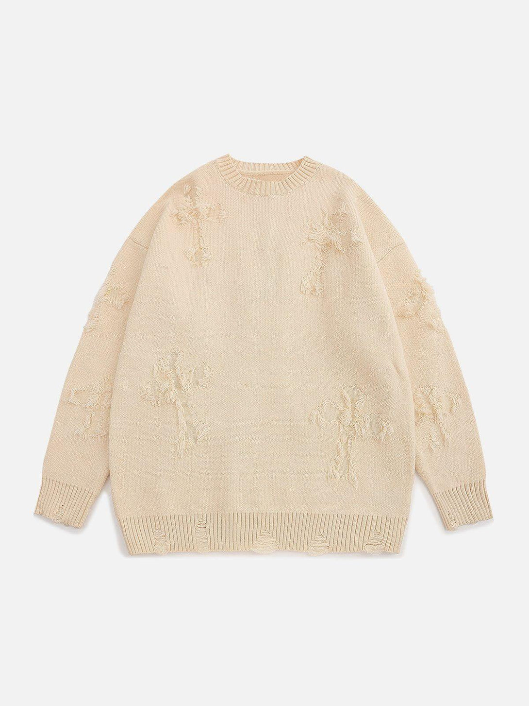 Front view of an apricot TALISHKO sweater with textured cross patchwork, perfect for urban style.